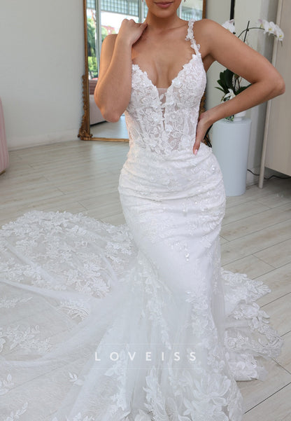 V-Neck Straps Lace Appliques Bodycon Mermaid Wedding Dress