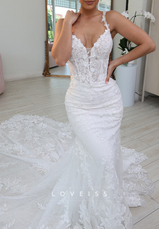 V-Neck Straps Lace Appliques Bodycon Mermaid Wedding Dress