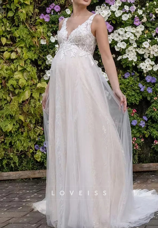 V-Neck Straps Lace Appliques Empire Waist A-Line Wedding Dress