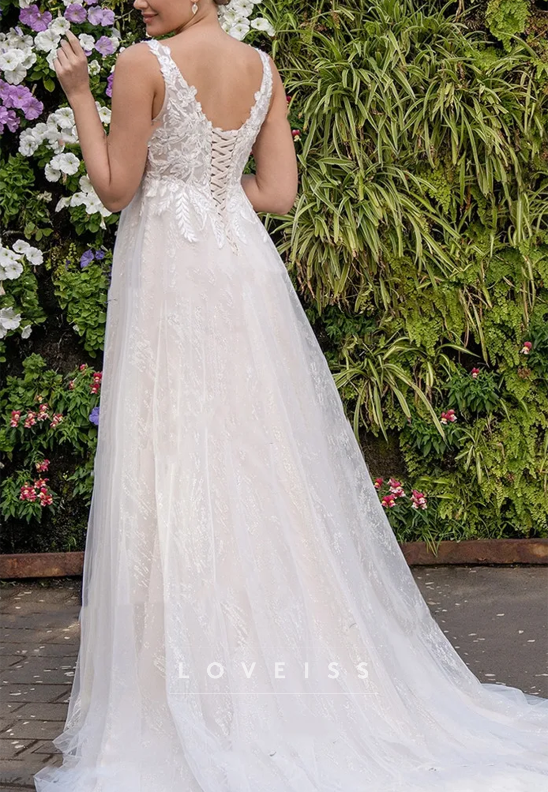 V-Neck Straps Lace Appliques Empire Waist A-Line Wedding Dress