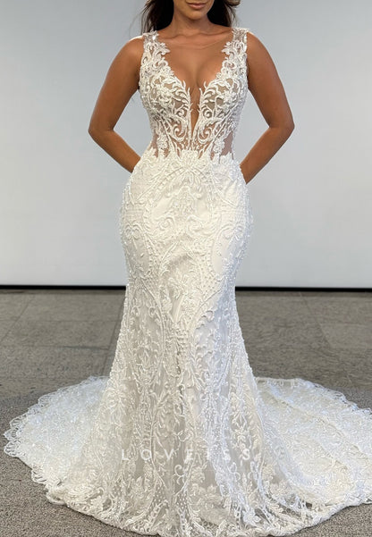 V-Neck Straps Lace Appliques Mermaid Wedding Dress
