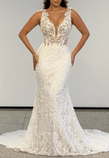 V-Neck Straps Lace Appliques Mermaid Wedding Dress