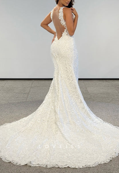 V-Neck Straps Lace Appliques Mermaid Wedding Dress