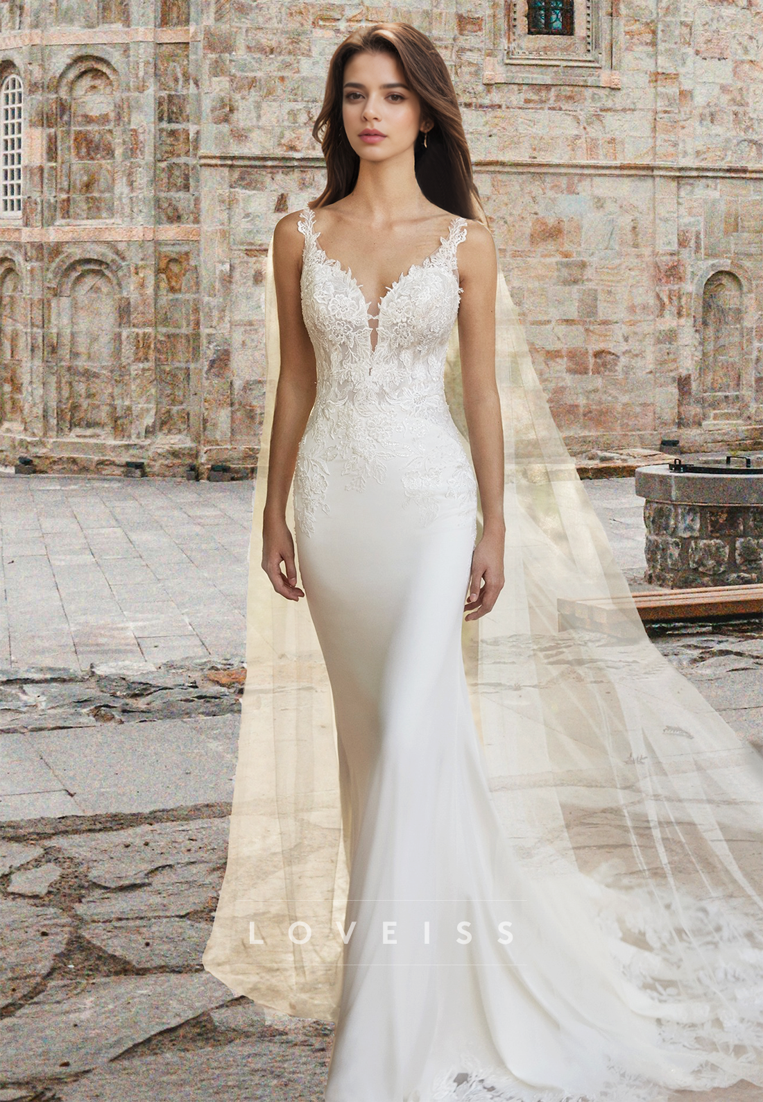 V-Neck Straps Lace Appliques Sleek Mermaid Wedding Dress