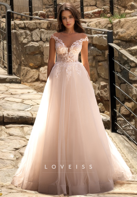 V-Neck Straps Lace Appliques Tulle A-Line Wedding Dress