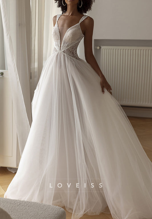 V-Neck Straps Pleated Appliques Tulle A-Line Wedding Dress