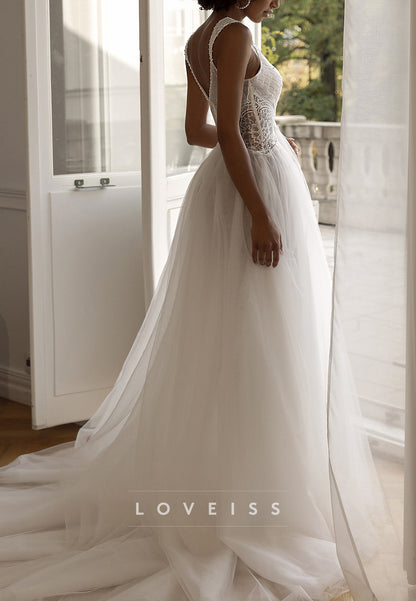 V-Neck Straps Pleated Appliques Tulle A-Line Wedding Dress