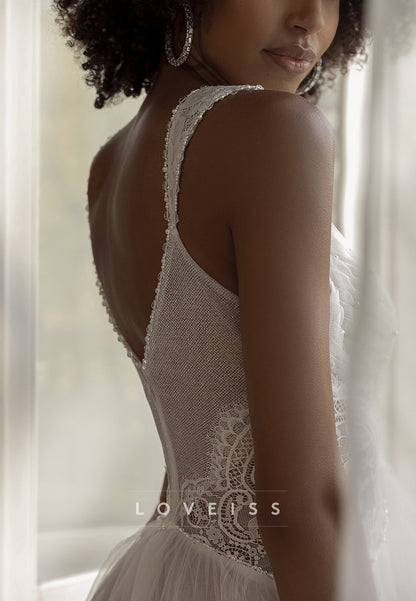 V-Neck Straps Pleated Appliques Tulle A-Line Wedding Dress