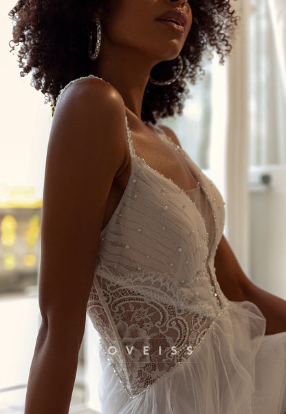 V-Neck Straps Pleated Appliques Tulle A-Line Wedding Dress