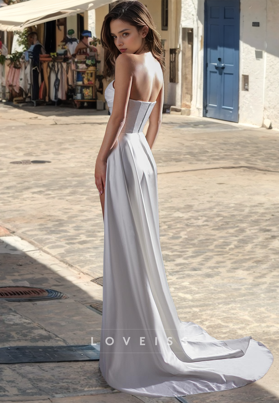 V-Neck Straps Ruched High Slit Beach Wedding Dress