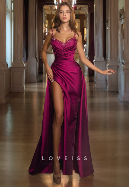 V-Neck Straps Ruched High Slit Sheath Prom Dress