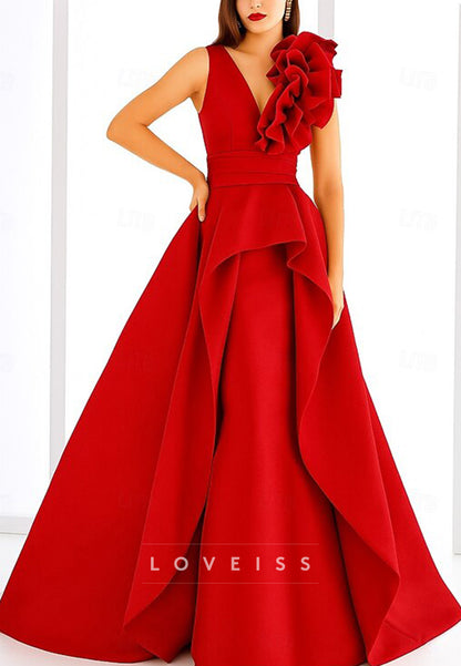 V-Neck Straps Ruffles Sleeveless A-Line Evening Dress Satin Mother of  Bride Dress