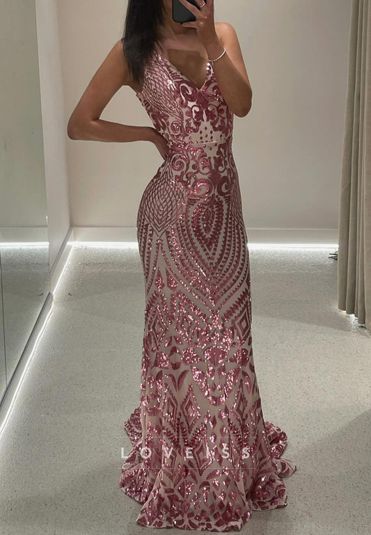 V-Neck Straps Sequins Appliques Sheath Prom Dress