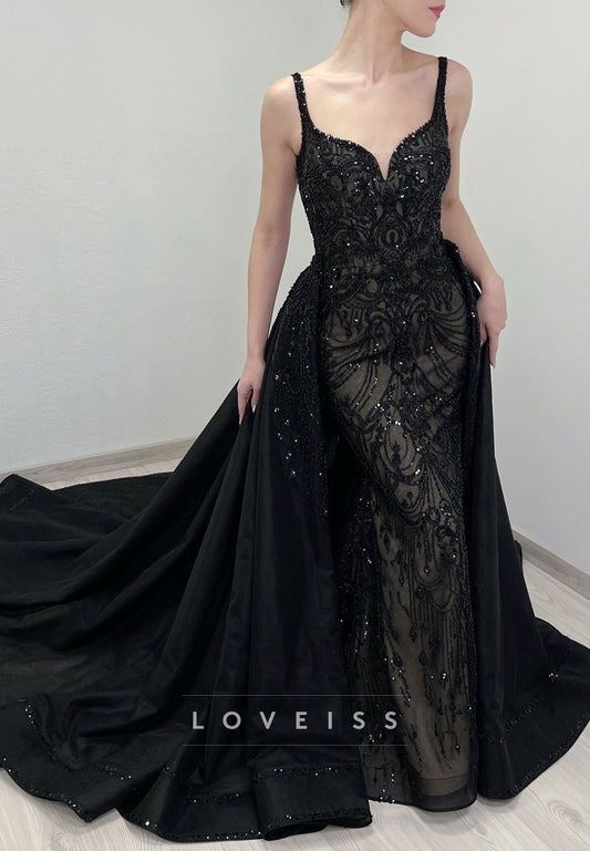 V-Neck Straps Sequins Appliques Sparkly Sheath Black Wedding Dress
