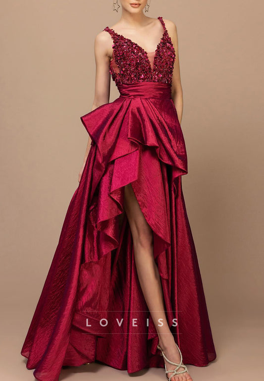 V-Neck Straps Sequins Ruched Side Slit A-Line Formal Dress