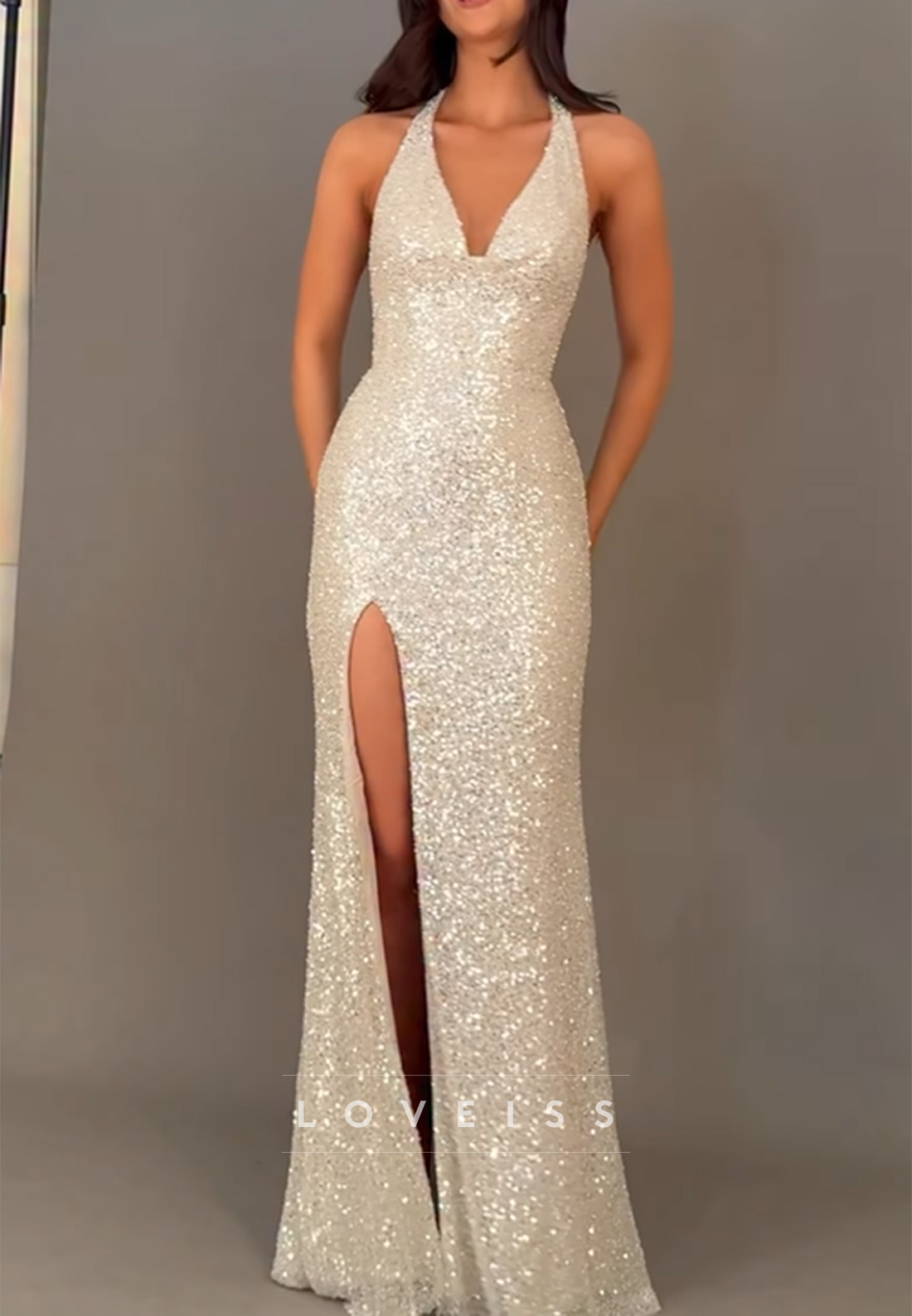 V-Neck Straps Sequins Side Slit Sheath Sparkly Prom Dress