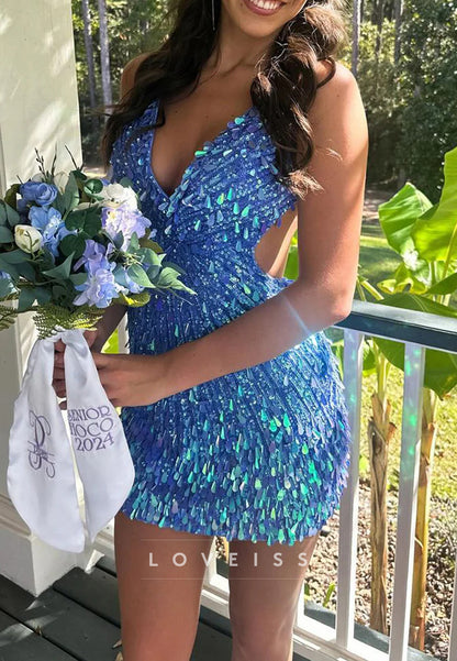 V-Neck Straps Sequins Sparkly Sheath Party Homecoming Dress