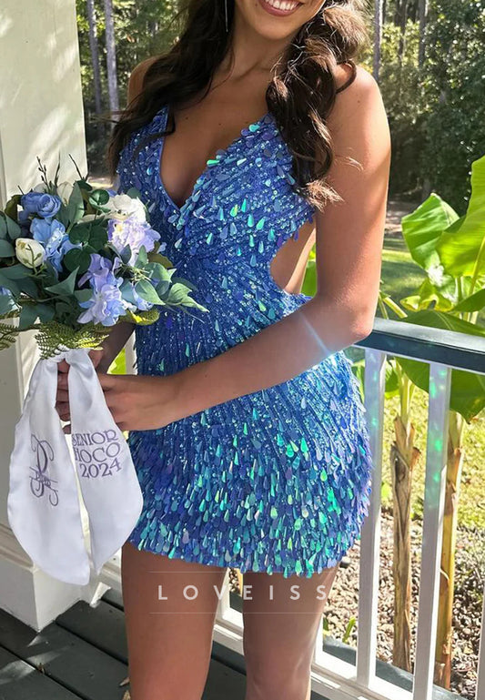 V-Neck Straps Sequins Sparkly Sheath Party Homecoming Dress