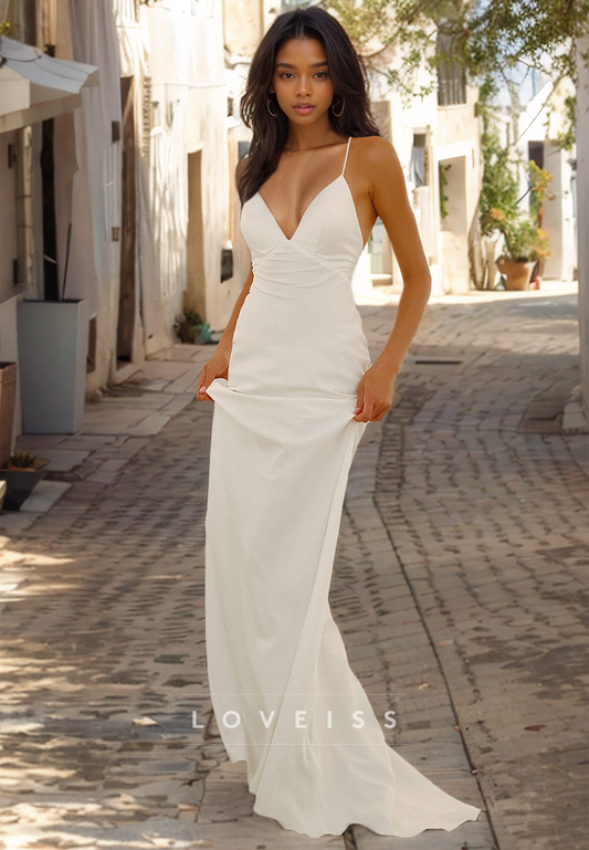 V-Neck Straps Sleek Lace-Up Mermaid Beach Wedding Dress