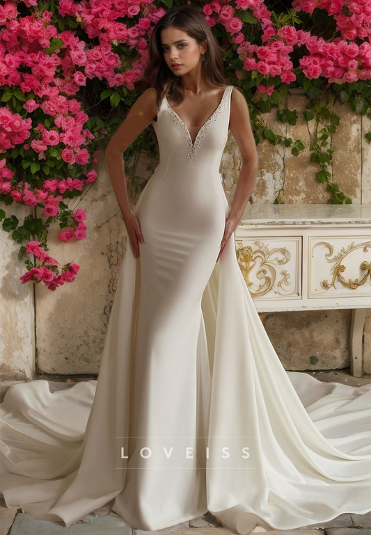 V-Neck Straps Sleek Satin Beaded Removable Train Mermaid Wedding Dress