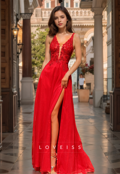 V-Neck Straps Sleeveless Appliques A-Line Prom Dress