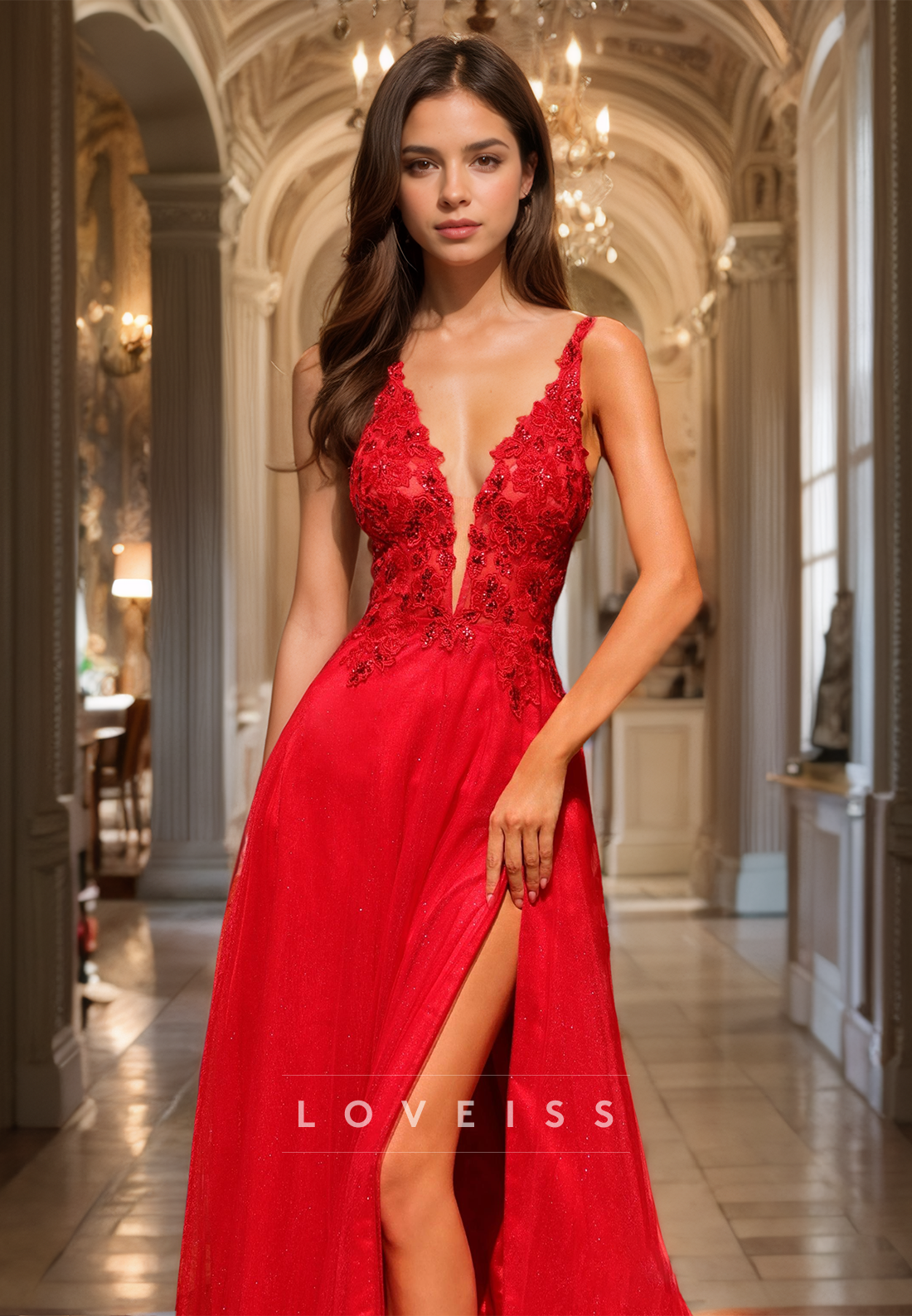 V-Neck Straps Sleeveless Appliques A-Line Prom Dress