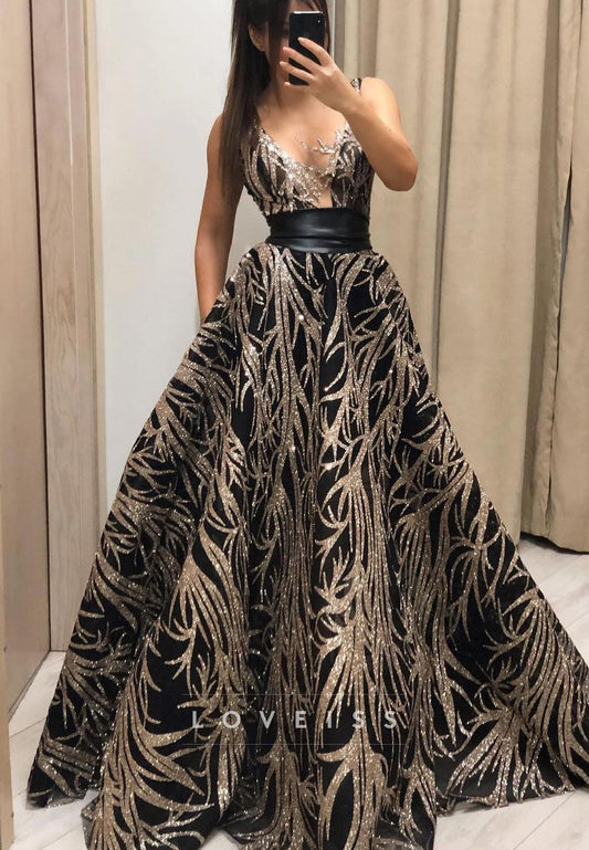 V-Neck Straps Sleeveless Beaded Embroidery A-Line Evening Dress