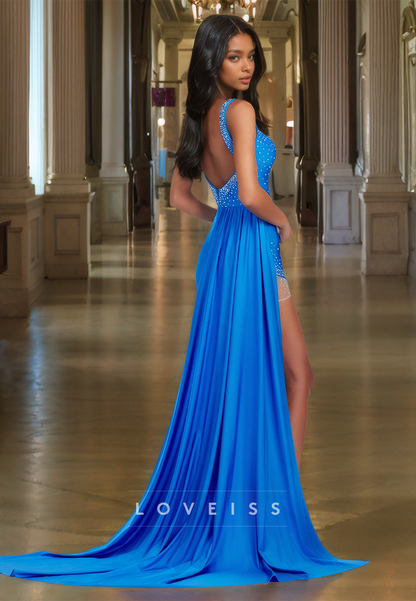 V-Neck Straps Sleeveless Beaded Side Slit Sheath Prom Dress