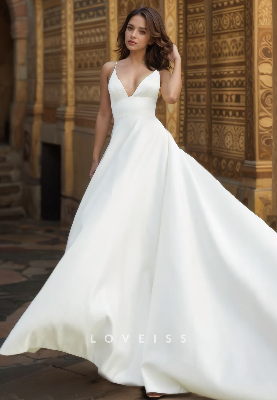 V-Neck Straps Sleeveless Pleated Satin A-Line Wedding Dress