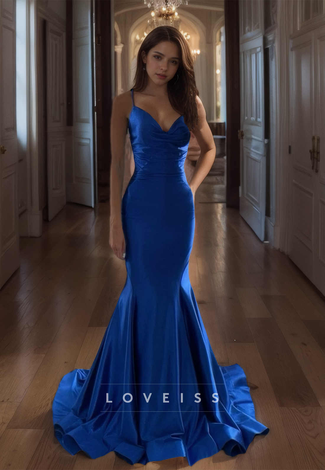 V-Neck Straps Sleeveless Ruched Sleek Mermaid  Prom Dress