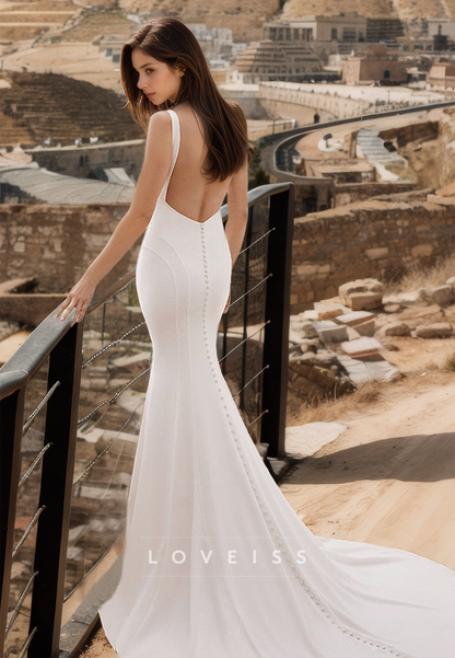 V-Neck Straps Sleeveless Sleek Mermaid Wedding Dress