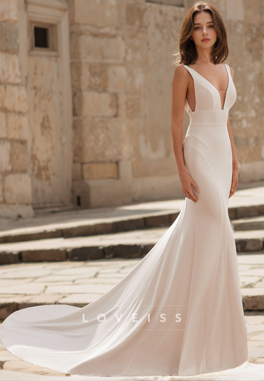 V-Neck Straps Sleeveless Sleek Mermaid Wedding Dress