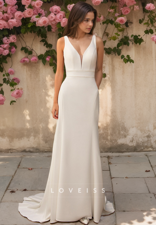 V-Neck Straps Sleeveless Sleek Mermaid Wedding Dress