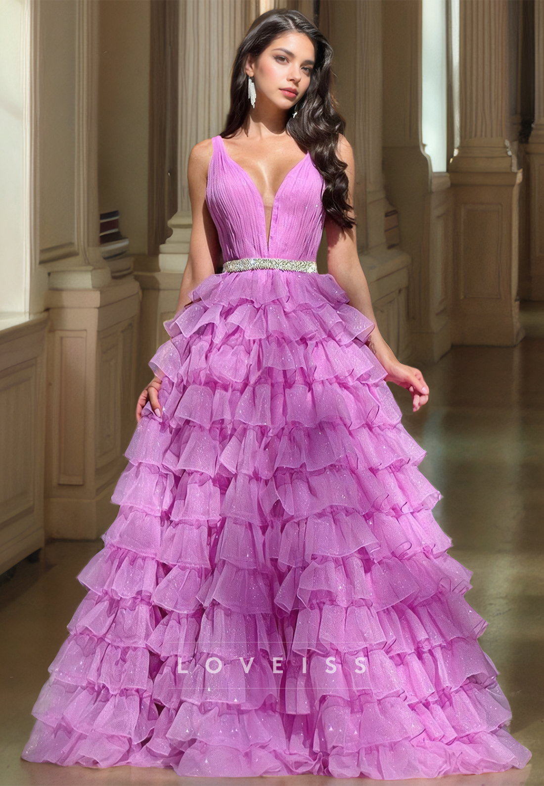 V-Neck Straps Sleeveless Tiered Tulle Ball Gown Prom Dress