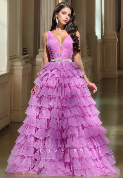 V-Neck Straps Sleeveless Tiered Tulle Ball Gown Prom Dress