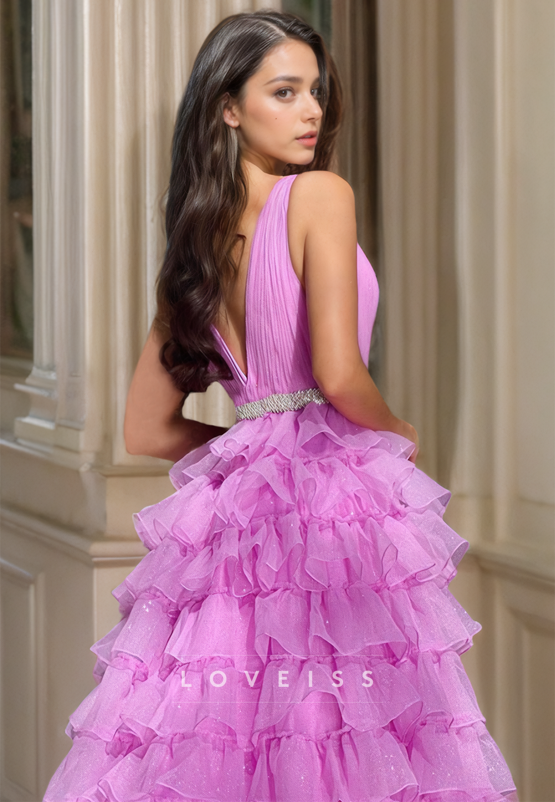 V-Neck Straps Sleeveless Tiered Tulle Ball Gown Prom Dress