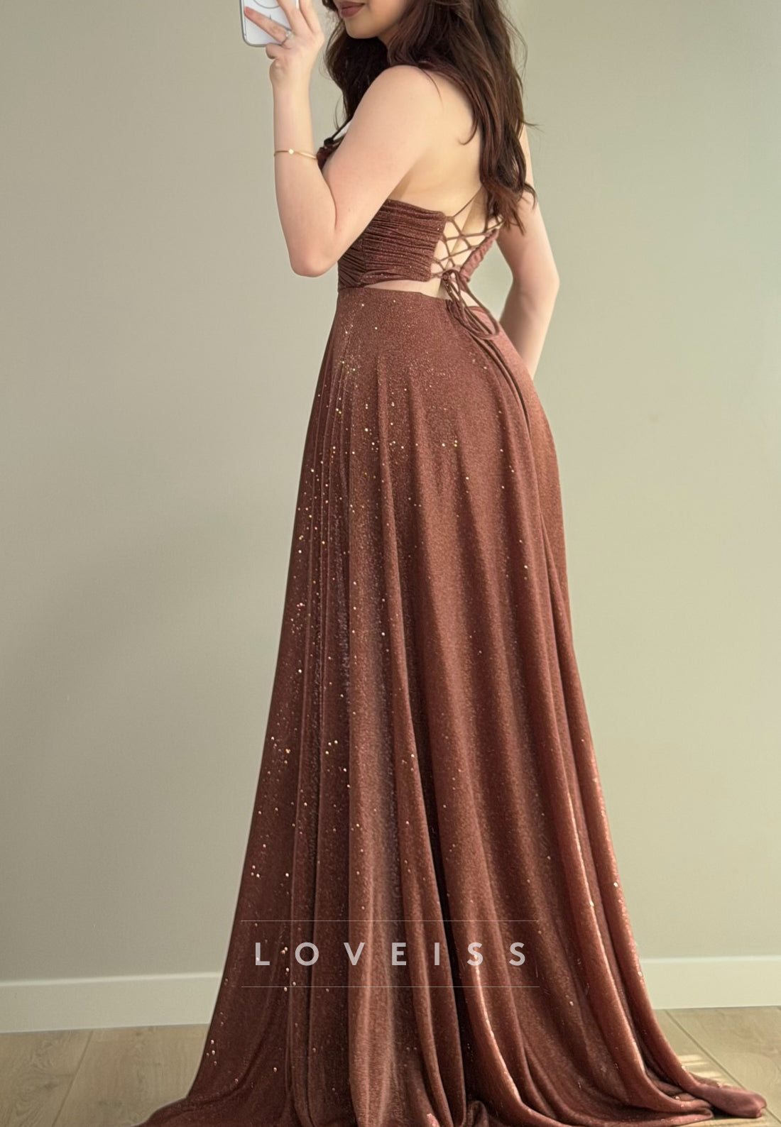 V-Neck Straps Sparkly A-Line Brown Prom Dress