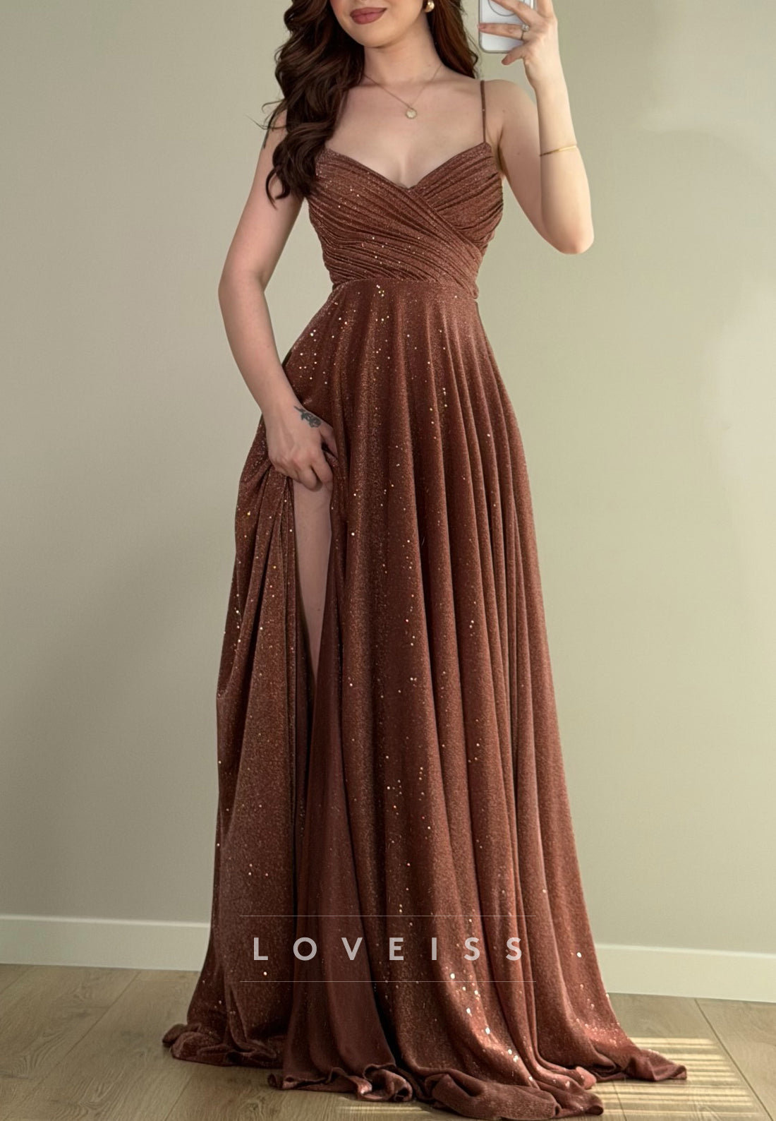 V-Neck Straps Sparkly A-Line Brown Prom Dress