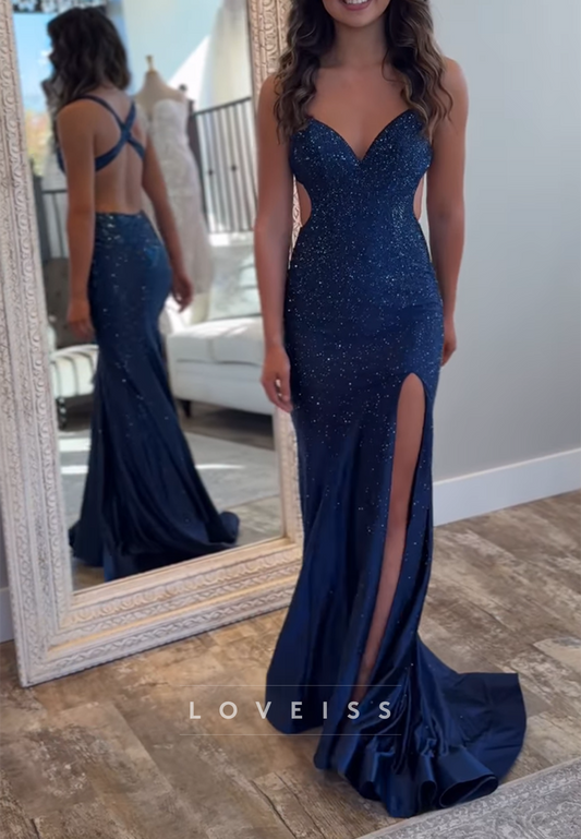 V-Neck Straps Sparkly Side Slit Sheath Prom Dress