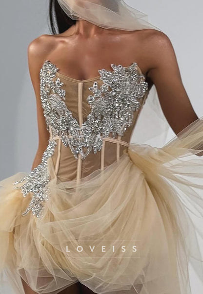 V-Neck Tulle Ruched Appliques A-Line Party Homecoming Dress