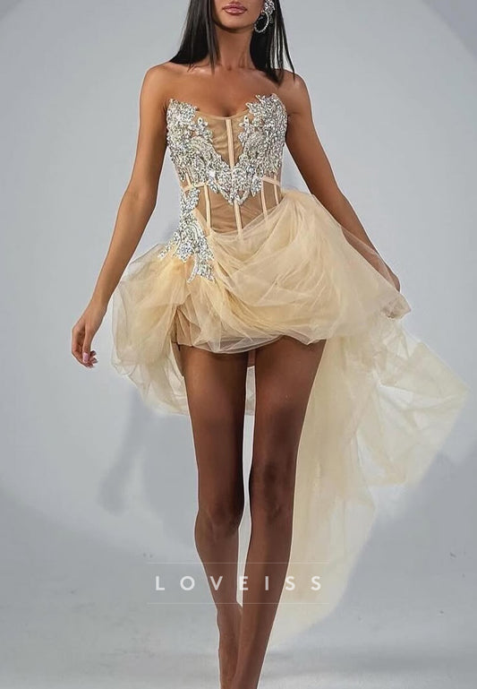 V-Neck Tulle Ruched Appliques A-Line Party Homecoming Dress