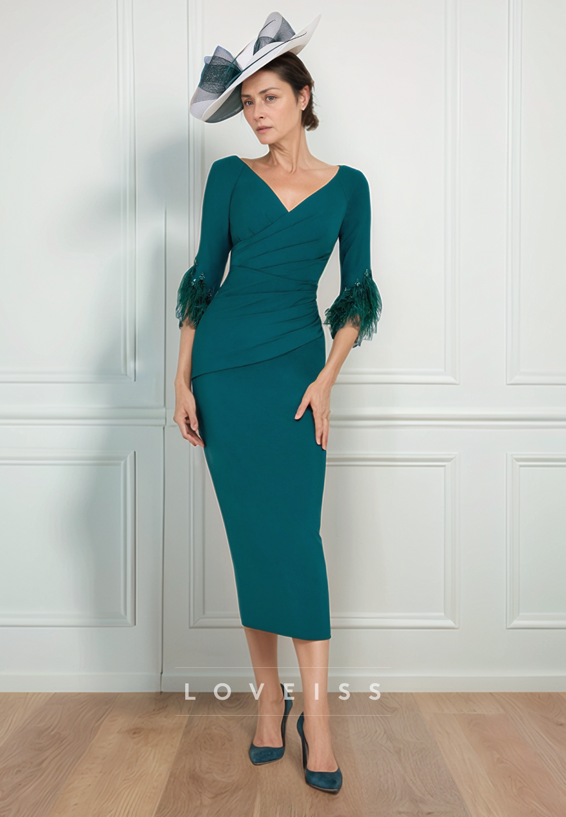 V-Neck Long Sleevs Pleated Mermaid Mother of Bride Dress