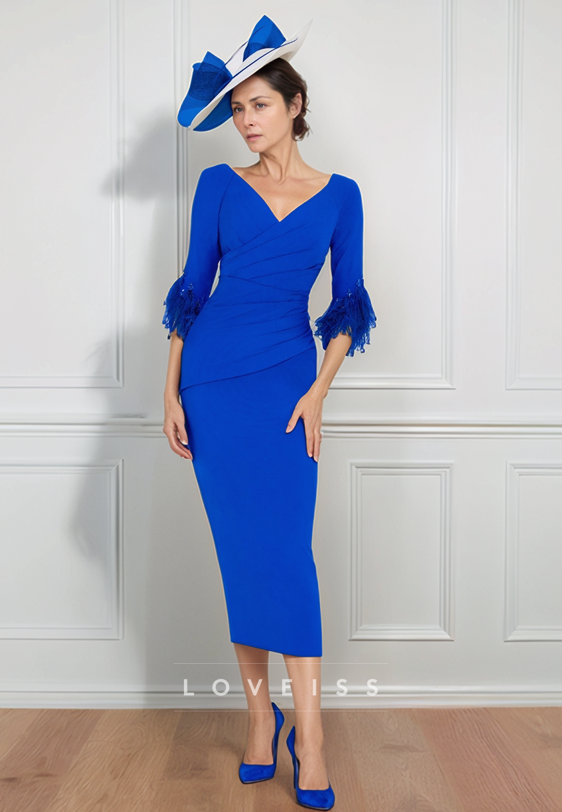 V-Neck Long Sleevs Pleated Mermaid Mother of Bride Dress