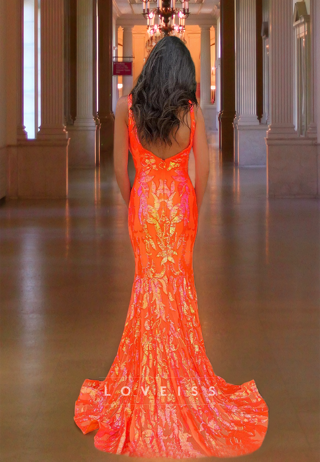 V-Neck Straps Appliques Sparkly Mermaid Prom Dress