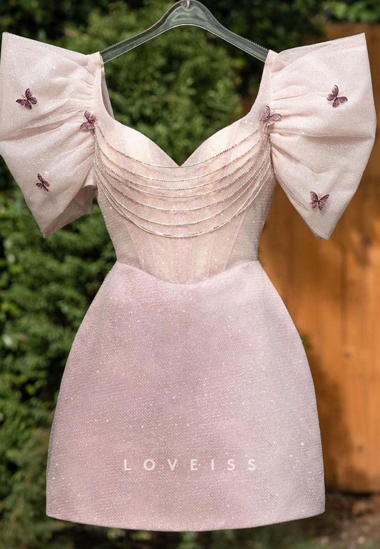 V-Neck Puff Sleeves Sheath Short Party Homecoming Dress
