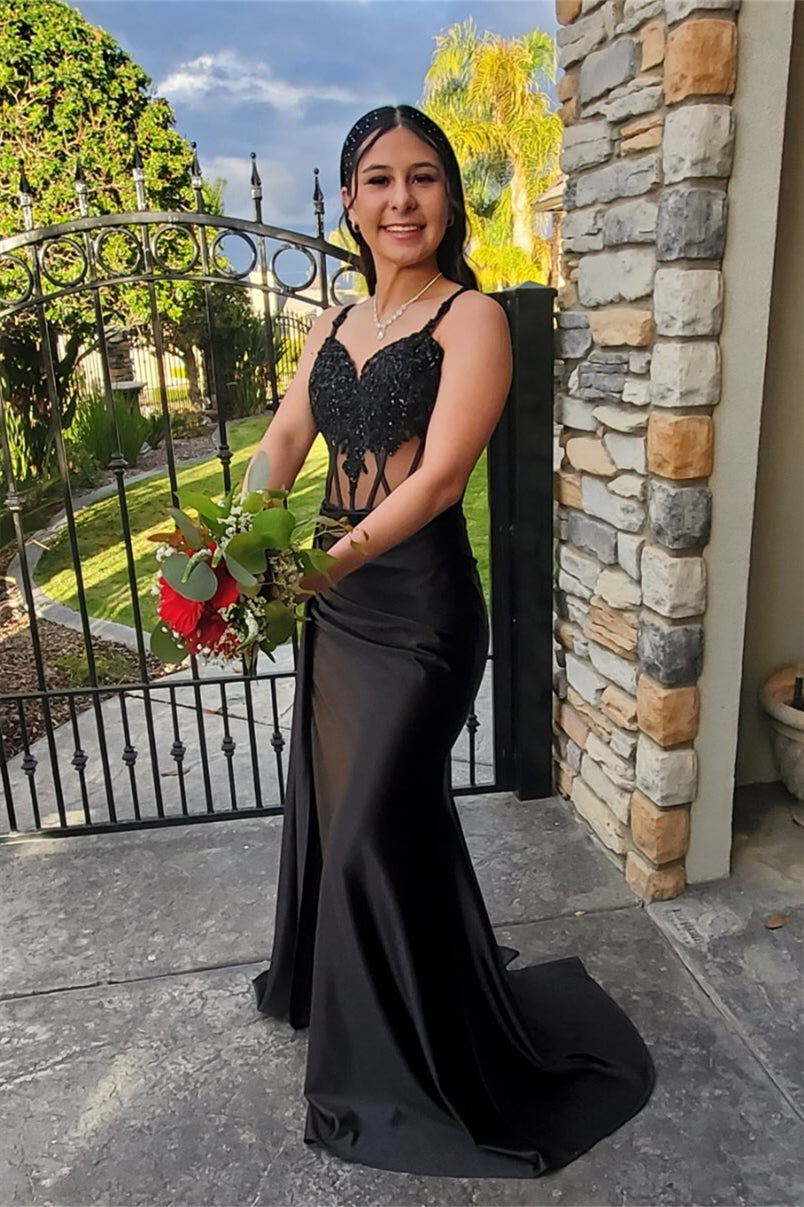 V-neck Black Sequin Appliques Long Dress with Slit