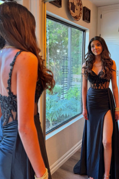 V-neck Black Sequin Appliques Long Dress with Slit