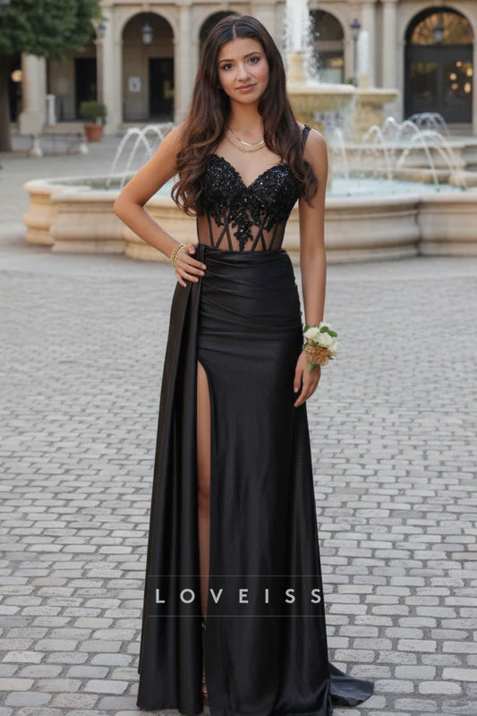 V-neck Black Sequin Appliques Long Dress with Slit