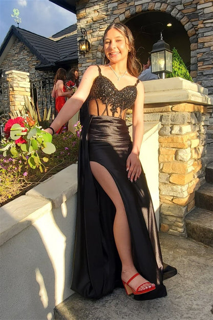 V-neck Black Sequin Appliques Long Dress with Slit