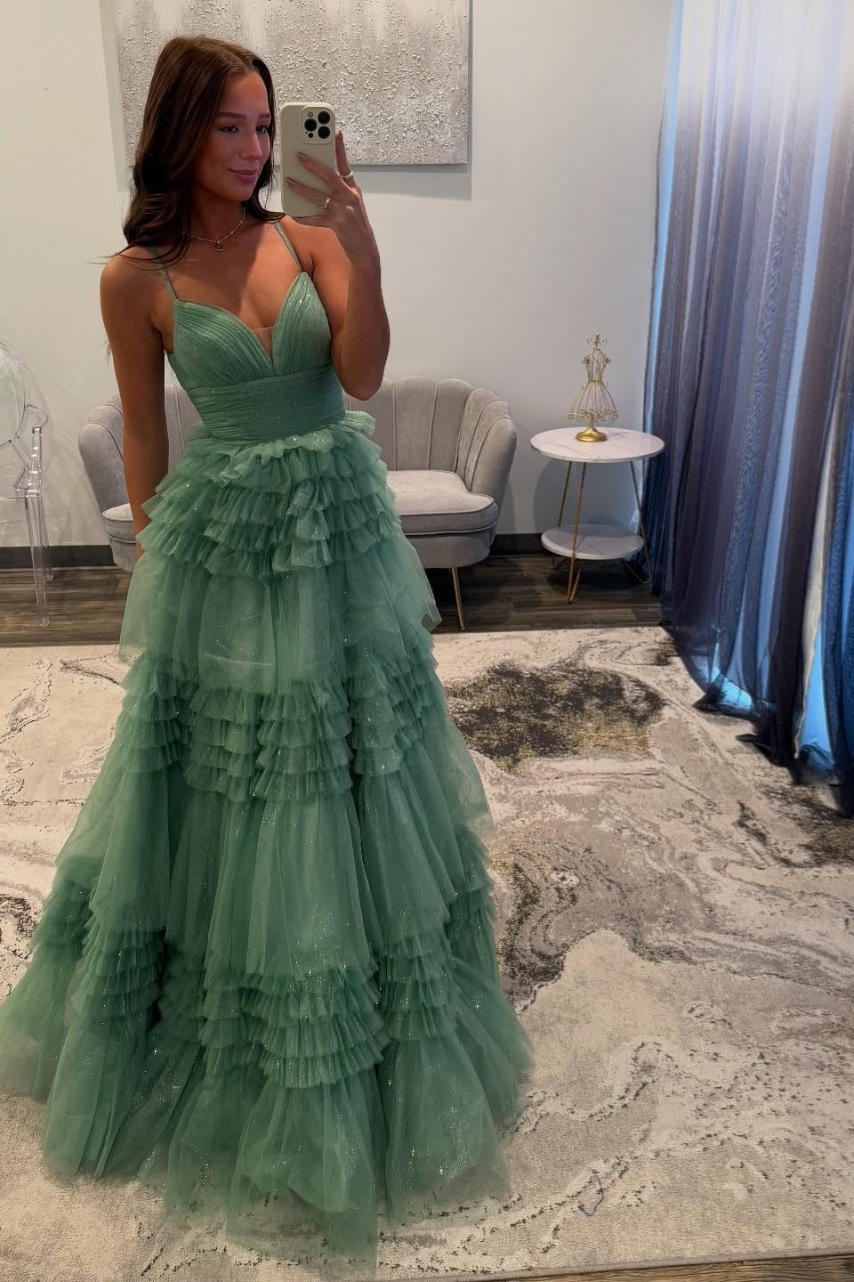 V-neck Sage Glitter Tulle Tiered Long Dress